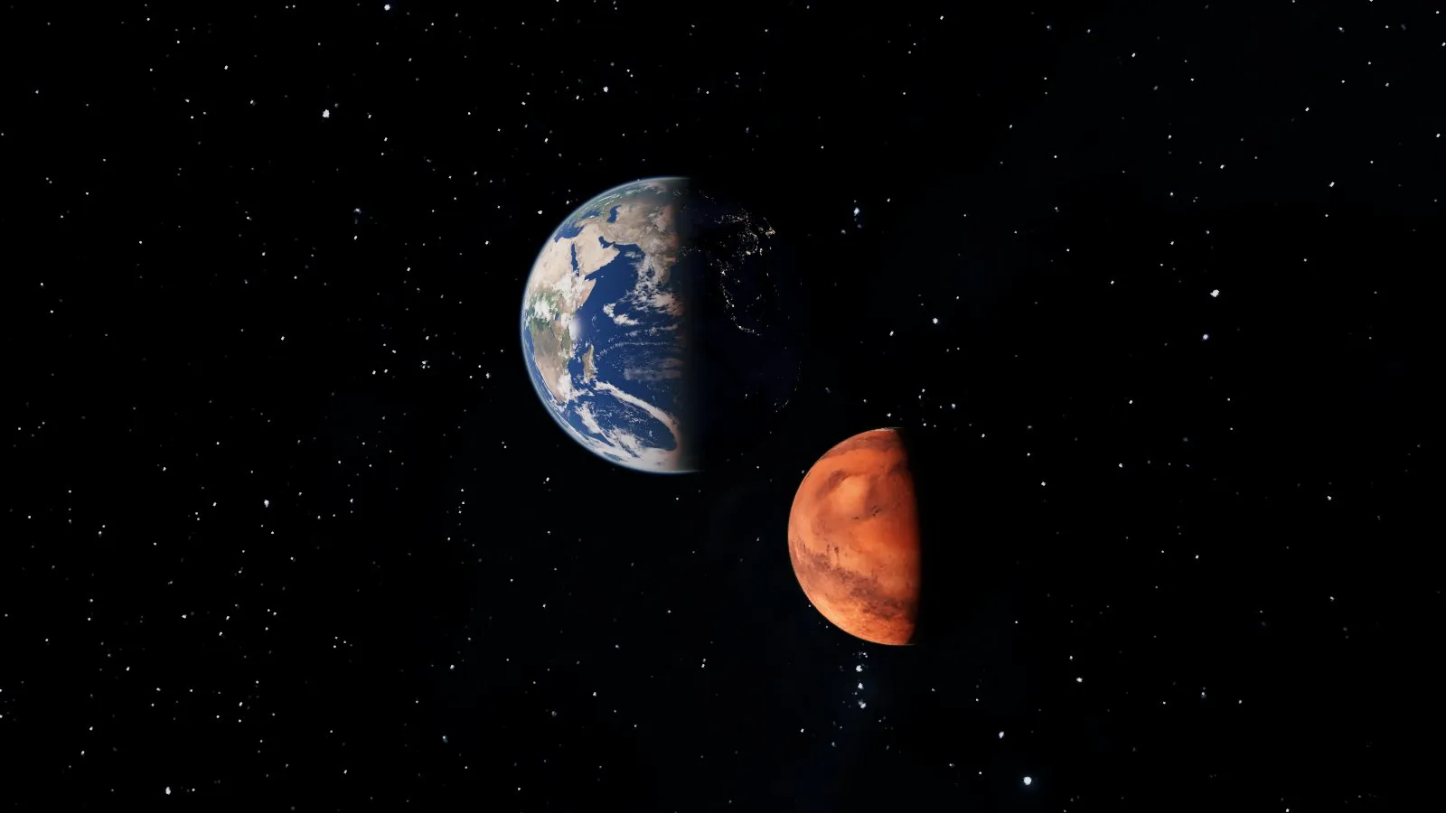Simulation aus UW-SIM: links oben die Erde, halb beleuchtet und mit ihrer heutigen Oberfläche dargestellt, rechts darunter ein kleinerer rötlicher Planet kurz vor dem Zusammenstoß, vor einem Sternenhimmel.
